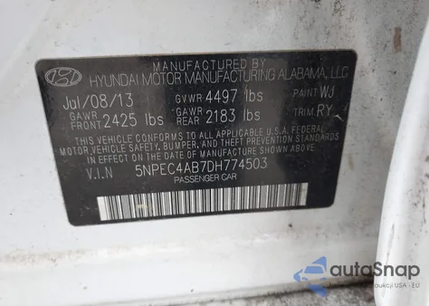 2013 Hyundai Sonata Se 2.0T из США, поврежденный, VIN 5NPEC4AB7DH774503